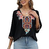 AK Women's Boho Embroidered Tops 3/4 Sleeve Mexican Peasant Shirts Bohemian Loose Tunic Blouses