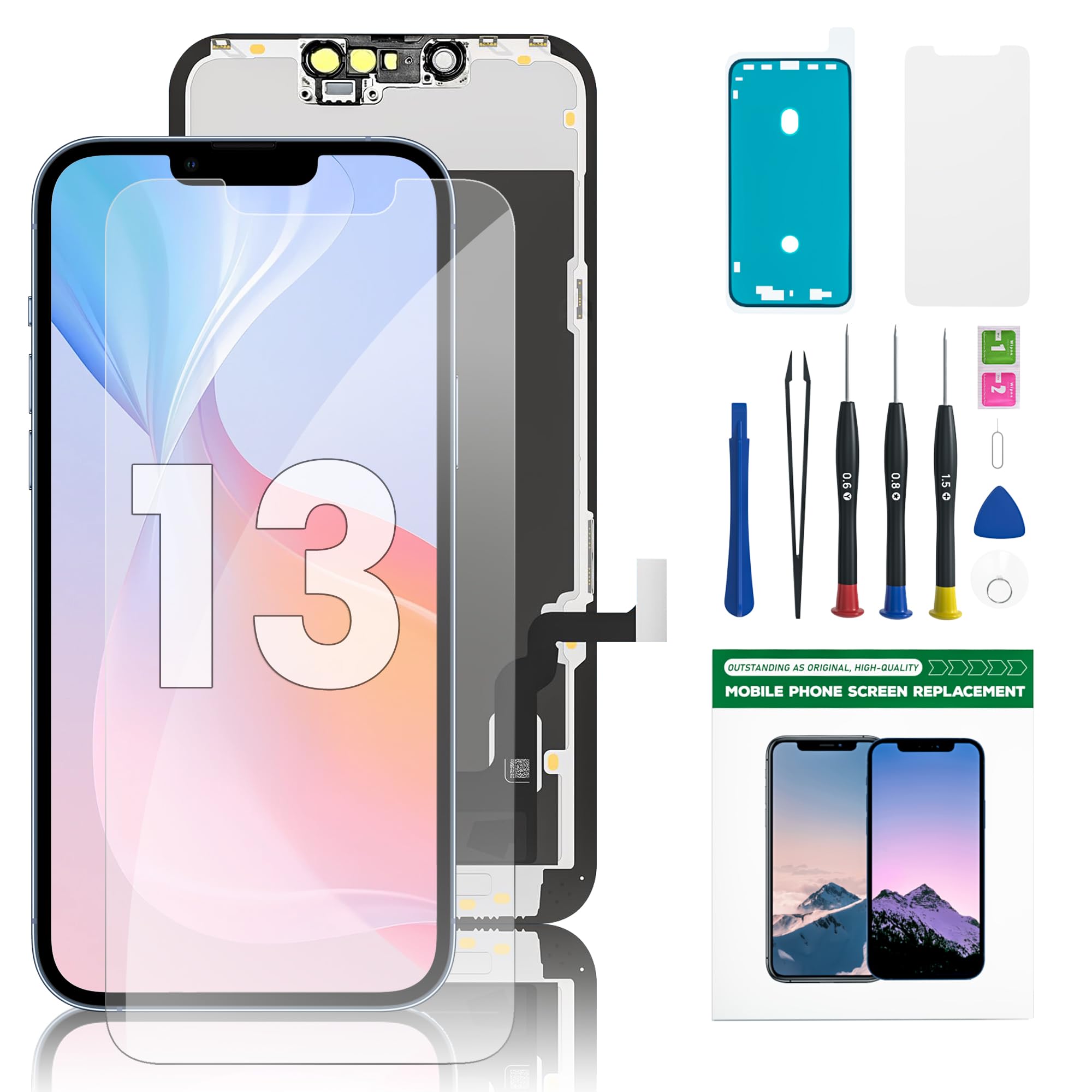 for iPhone 13 Screen Replacement 6.1 Inch LCD Display & Digitizer Assembly with Repair Tool Kit, Screen Protector & Adhesive Seal – Fits A2633 A2482 A2631 A2634 A2635