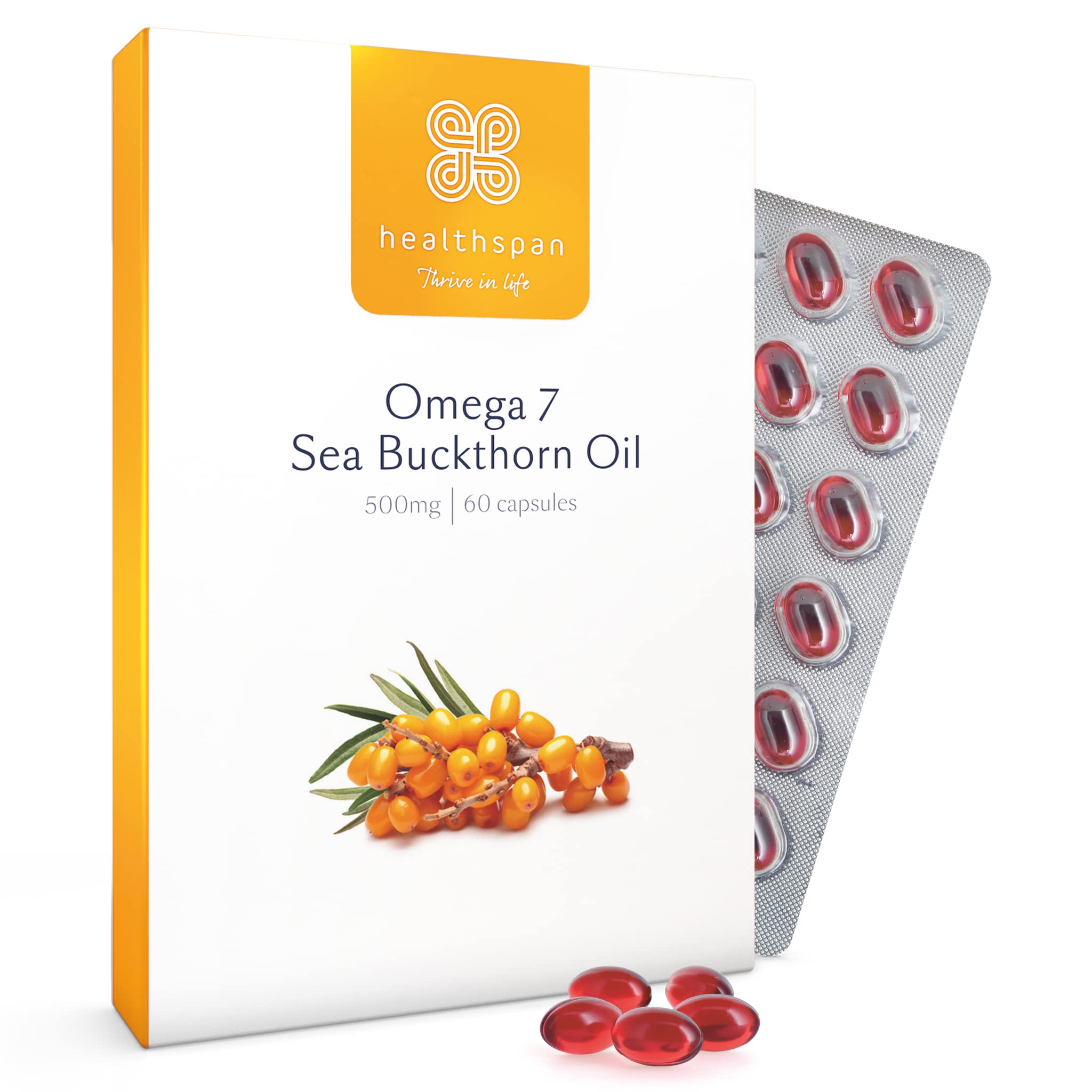 Healthspan Omega 7 Sea Buckthorn Oil 500mg | Women’s Health | High Levels of Omega 7 | Rich in Omega 9 Fatty Acids | Vitamin A | Carotenoids & Tocopherols | Vegan (60 Capsules)