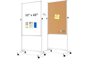 WALGLASS [32" x 48"] Large Rolling Whiteboard & Corkboard Combo with Stand, Reversible Double-Sided White Board Cork Board Combination, Mobile Dry Erase and Bulletin Boards on Wheels, School, Office, Home
