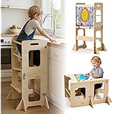 labebe Toddler Standing Tower for 12M+, Montessori Foldable Learning Standing Tower with Blackboard, Anti-tip Structure Design,Wooden Kitchen Step Helper Stool for 1-3 Year Old Boy Girl Gift
