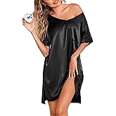 eshion Women Satin Nightgowns Short Sleeve Silk Sleepwear V Neck Boyfriend Casual Dresses with Chest Pocket S-XXL