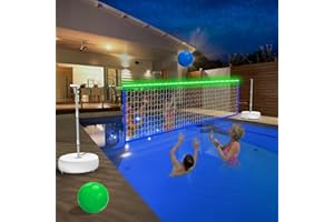 TEPOAL LED Pool Volleyball Net Set with Solar Powered Lights|15ft-32ft Adjustable Volleyball Net for Inground Pool, Kids Adults Water Volleyball Net Game Toy with 2 Ball & Pump for Pool Backyard Party