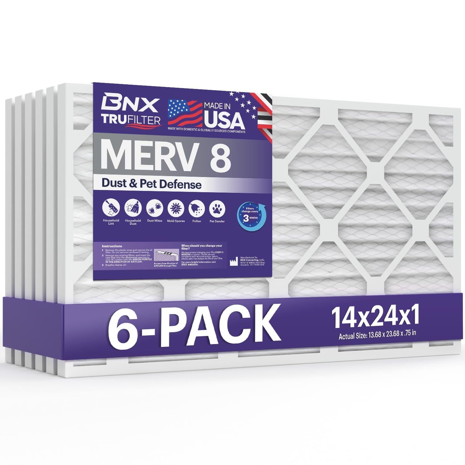 Photo 1 of BNX TruFilter 14x24x1 Air Filter MERV 8 (6-Pack) - MADE IN USA – Dust & Pet Defense Air Conditioner HVAC AC Furnace Filters for Dust, Pet, Mold, Pollen MPR 600 – 700 & FPR 5