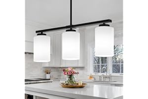 LZLDCJ 21.25'' Kitchen Island Light Fixtures, 3-Light Modern Dining Room Light Fixture, Black Pendant Lights with Milk Glass Shade, Linear Chandelier over Dining Table Lighting with Adjustable Rod, UL Listed