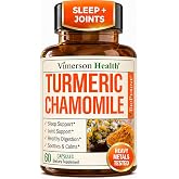 Turmeric Supplement &amp; Chamomile Capsules for Sleep &amp; Joint Support, 60 Caps | 1000mg Organic Turmeric with Chamomile Extract, Ginger Root, Cassia Cinnamon &amp; BioPerine for Max Absorption - Soothes &amp; Calms