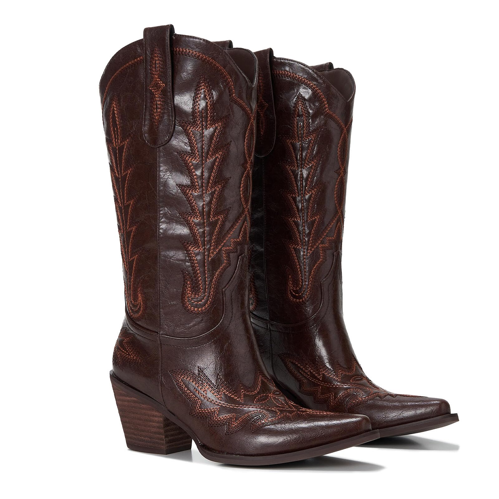 Photo 1 of Orlynx chestnut brown Cowboy Boots For Women - Western Mid-Calf Cowgirl Boots - Snip Toe - 3” Wood Grain Chunky Heel Embroidered Boots Size 8