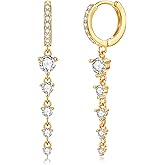ZRU Gold Dangle Hoop Earrings for Women, Trendy 14K Gold Plated Huggie Hoops with Long Cubic Zirconia Drop, Hypoallergenic Long Drop Earrings Round CZ Hanging Jewelry Gifts for Her