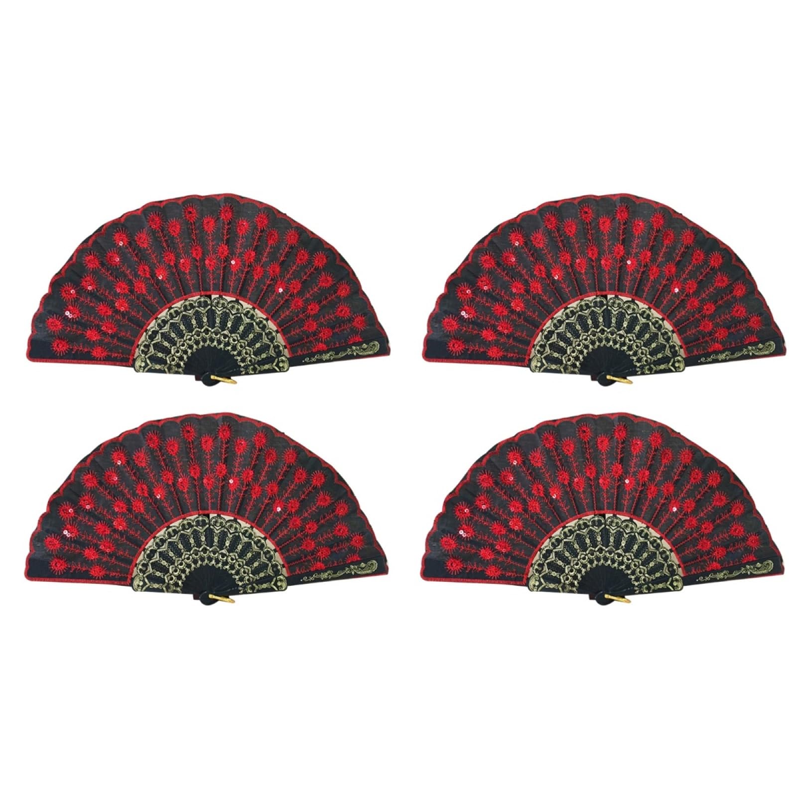 Amosfun 4pcs Folding Hand Fan, Silk Peacock Pattern Sequin Fan with Hollow-Out Handle, Chinese Spanish Handheld Folding Fan for Photo Shooting, Dancing, Display