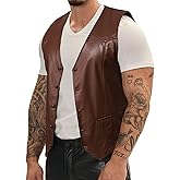 Barry.Wang Mens Leather Vests Casual Western Cowboy Vest V-neck Jacket Lightweight Waistcoat