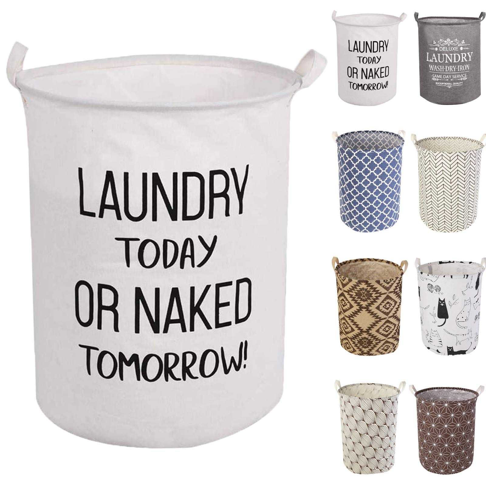 LessMo 19.7" Laundry Hamper, Collapsible Storage Basket With Easy Carry Handles, Waterproof Round Cotton Linen, for Baby Products, Toys, Bedroom Hamper