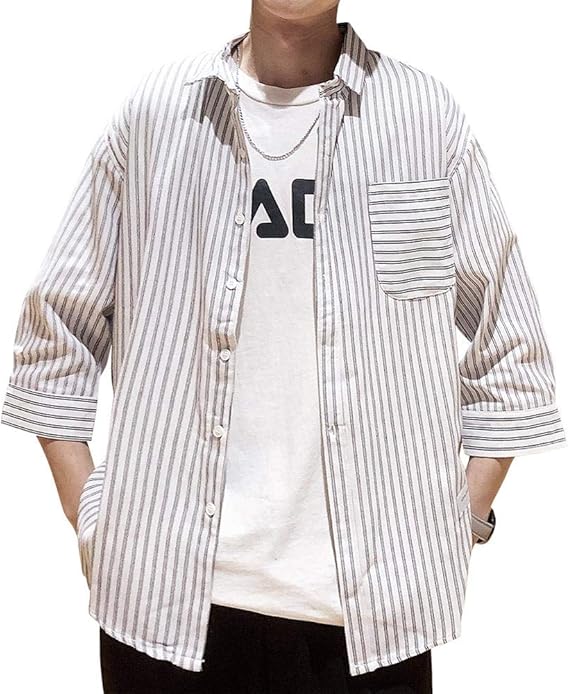 Amazon カジュアルシャツ メンズ ストライプ七分袖 チェック シャツ 大きいサイズ トップ 夏秋 シャツ 通販