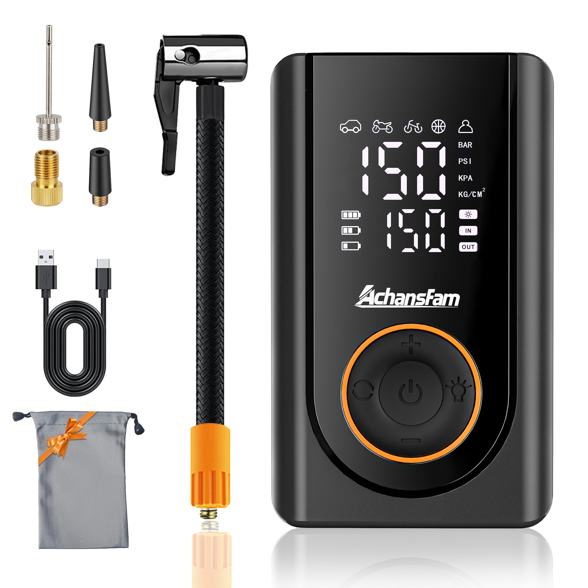 Photo 1 of AchansFam L9 Pro Tire Inflator Portable Air Compressor, 150PSI Cordless Bike Pump, Electric Air Pump with Digital Pressure Gauge, LED Light, Auto Shut-Off, for Motorcycle, Bicycle, Car, Ball