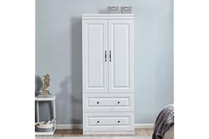 Idealcabin Closet 2 Doors Armoire Wardrobe Closets Wood Cabinet White Storage Closet Cabinet for Bedroom Armoires Clothes Wood Closet with Hanging Rod Shelves (20.5" D x 31.5" W x 71" H)