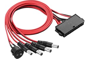 ELFJMZP PC PSU ATX 24-pin to DC 5521 Male Adapter Cable, 4-Port 12V DC Power Distributor with Switch, Suitable for DC Fans, L