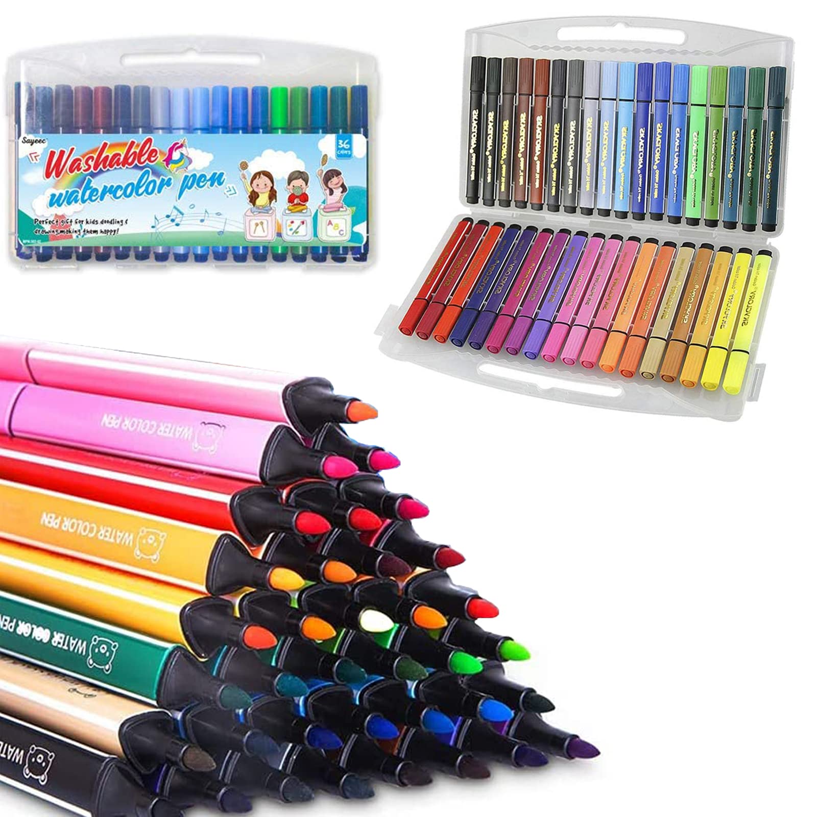 Marte Vanci Colouring Pens for Kids, 36 Colour Washable Felt Tip Pens for Children, Chunky Fibre Tip Water-Based Coloured Marker Gift Set with Storage Case for Christmas Adult Colouring Books Drawing