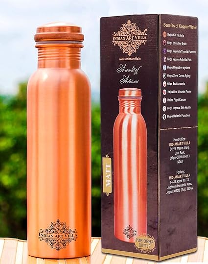 Indian Art Villa Matt Finish Lacqour Coated Anti Tarnished Leak Proof Copper Bottle With New Designed Lid,1000 ml, Copper