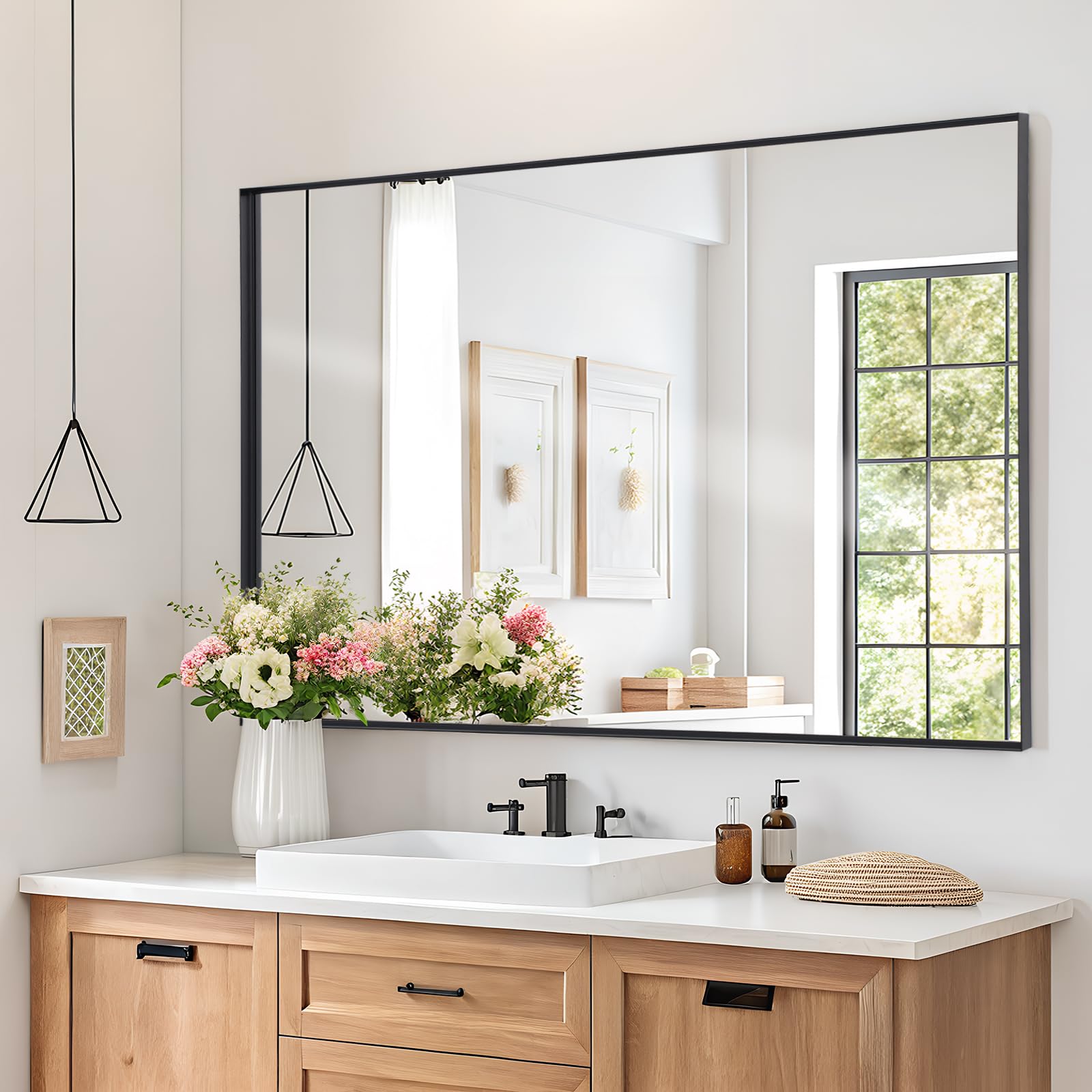 Photo 1 of Melodieux Wall Vanity Bathroom Mirror for Over Sink, 30"x48" Rounded Rectangle Metal Deep Frame Wall Mounted Mirror Wall Decor for Living Room Hallway, Black