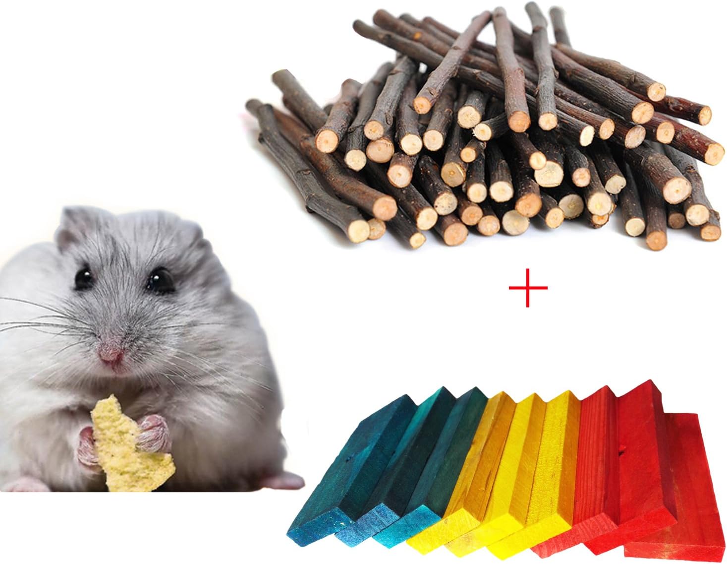 Bwogue Hamster Chew Sticks,100G Natural Apple Branch & 9pcs Colored