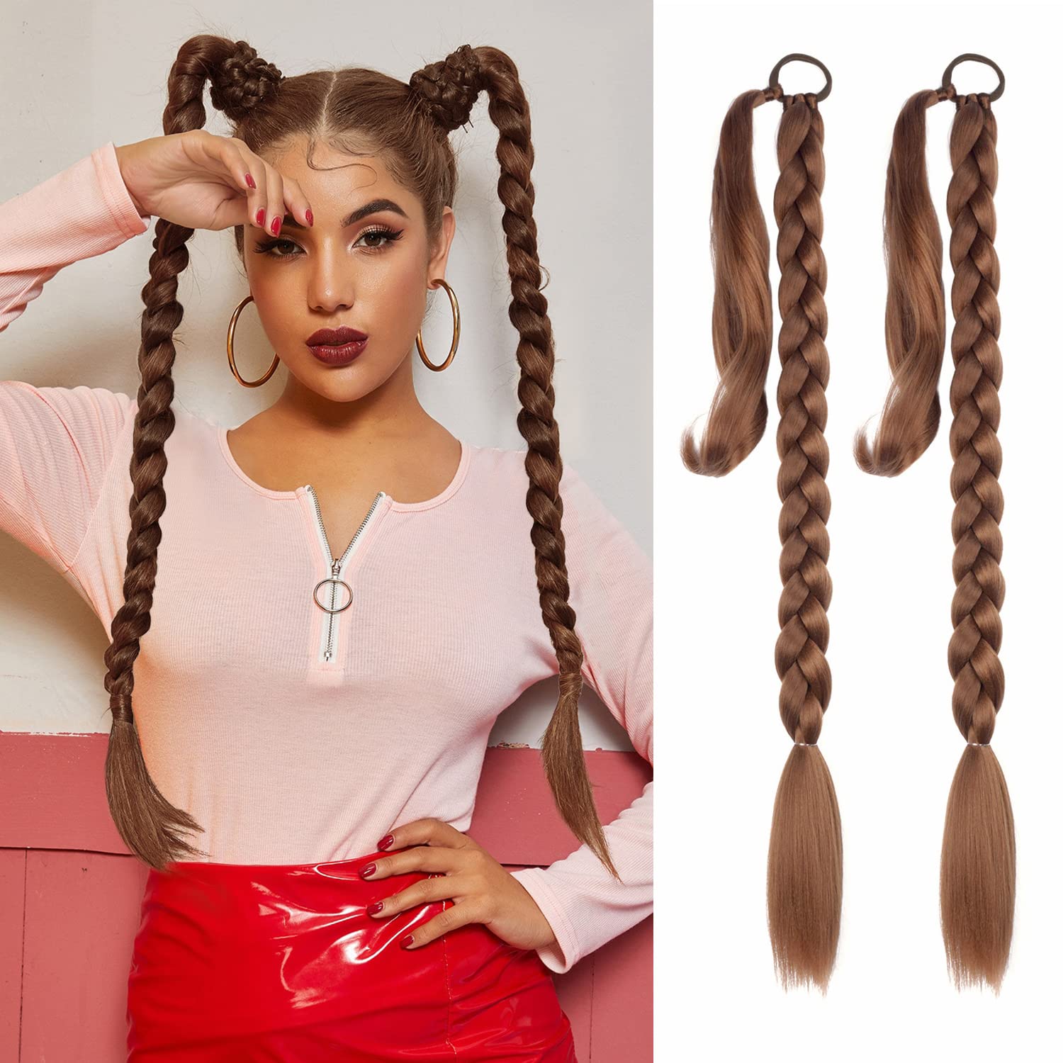 Photo 1 of 2 Pack Long DIY Braided Ponytail Extension with Hair Tie Straight Wrap Around Hair Extensions Ponytail(30#)