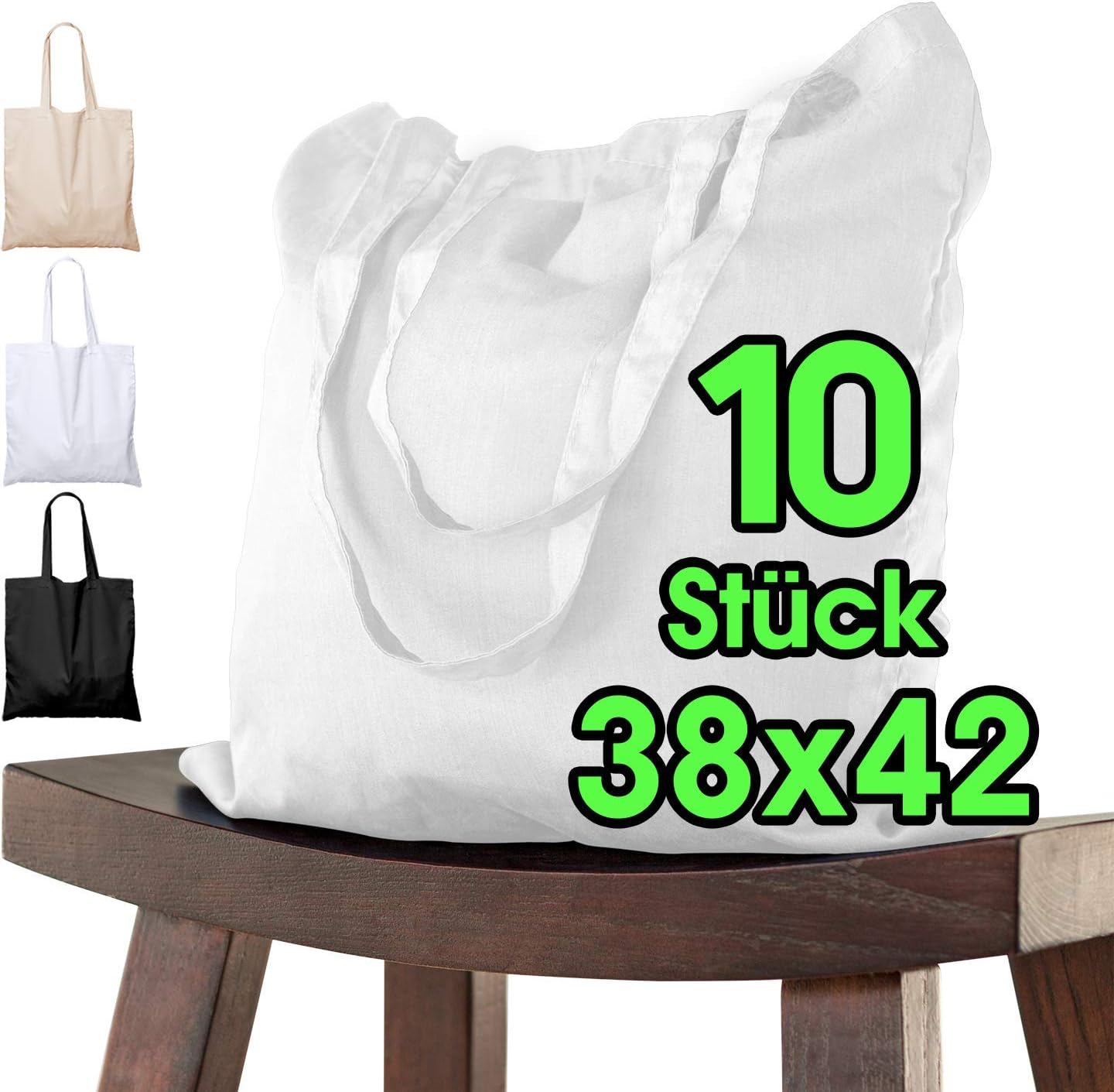 ELES VIDA Pack of 10 Cotton Bags, 38x42 cm, 15x16.6 in, with Long Handles, Hipster Fabric, Carry Case, Travel Bag, Jute Bag