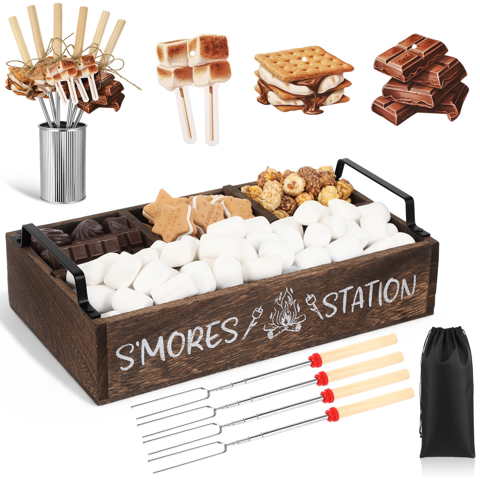 Photo 1 of **UNKNOWN IF MISSING PARTS**
Reallnaive 35 Pcs S'mores Station Box Farmhouse Smores Bar Holder with Handles 8 Extendable Marshmallow Roasting Sticks 1 Storage Bucket 24 Label Cards Storage Smores Accessories Organizer(Brown)
