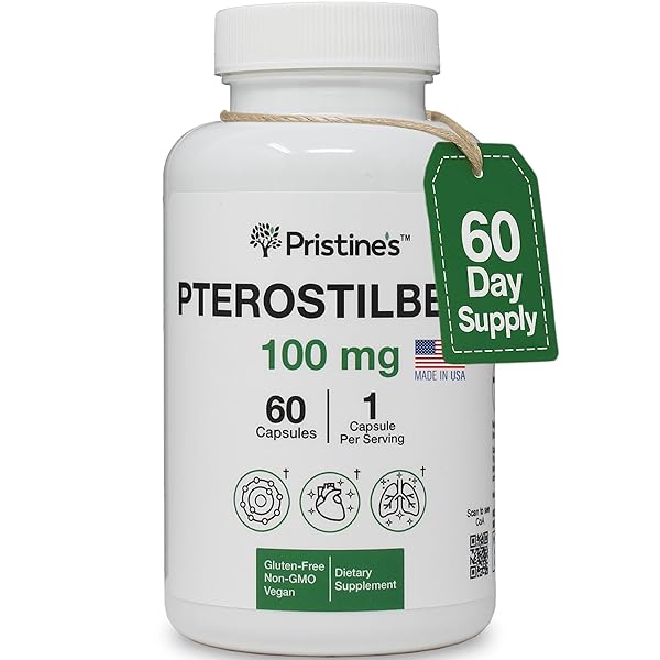PRISTINE’S PTEROSTILBENE 100MG ANTI AGING SUPPLEMENT CAPSULES – 60 DAY SUPPLY – LUNG HEALTH & MENTAL CLARITY ANTIOXIDANT – HIGH BIOAVAILABILITY VEGAN NON GMO
