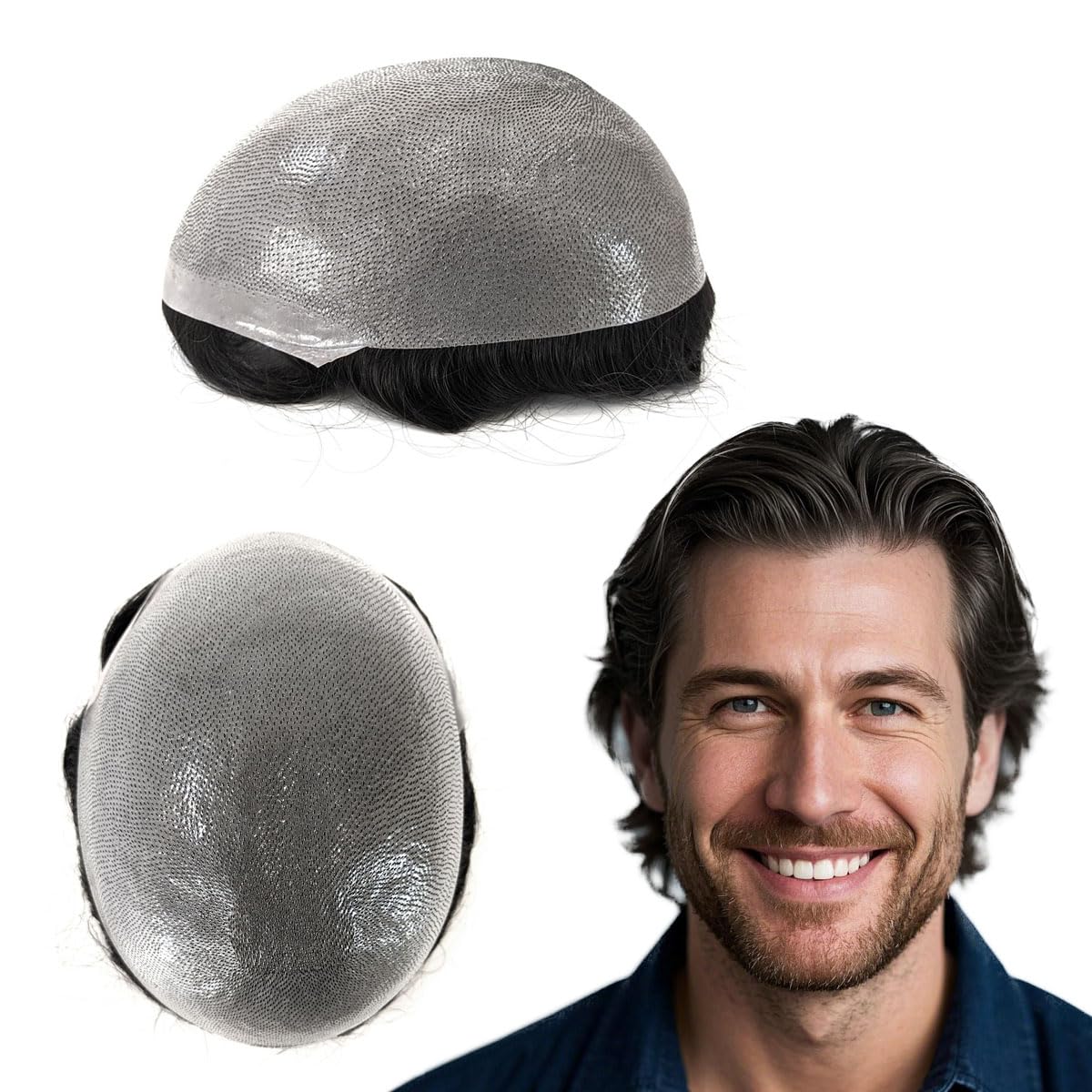 Photo 1 of Tresshairca Toupee Hair for Men Natural and Comfortable Men's Wigs Hair Pieces Thin Skin Base Natural Black Real Human Hair Replacement System Men's Real Human Hair Toupee for Men's Hair Loss (5"x7")