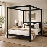 Solid Pine Canopy Bed Frame, Queen - Matte Black Painted Finish | No box spring needed &bull; FSC-certified pine &bull; Supports up to 560 lbs &bull; Slatted Headboard