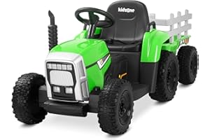 Kidzone 12V 7AH Premium Version with EVA Treaded Tires Dual 35W Motors Boost Power Torque Remote Control Powered Electric Tractor with Trailer Toddler Ride On Toy 3-Gear-Shift, 7-LED Lights, MP3