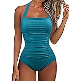 Women's One Piece Swimsuits Tummy Control Halter Bathing Suits Vintage Ruched Slimming Monokini Swimwear
