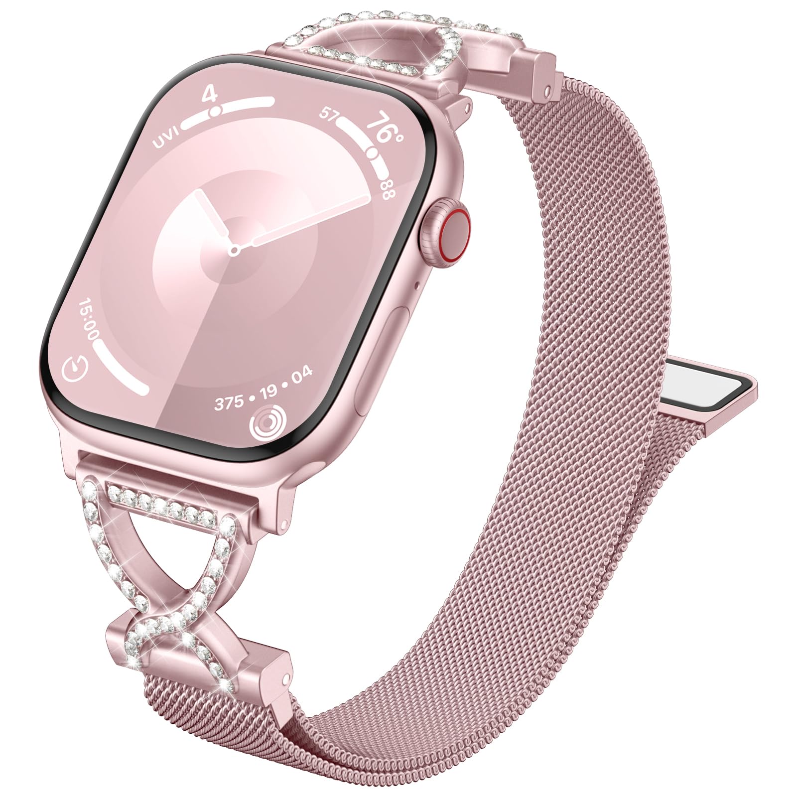 JKD Slim Mesh Band Compatible with Apple Watch Bands for Women 38mm 40mm 41mm 42mm, Bling X-Shape Metal Stainless Steel Magnetic Strap for iWatch Bands SE Series 11 10 9 8 7 6 5 4 3 2 1, Rose Pink