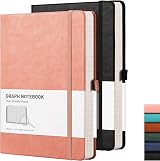 RETTACY Graph Paper Notebook A5 2 Pack 384 Pages 100gsm Leather Cover Black Pink