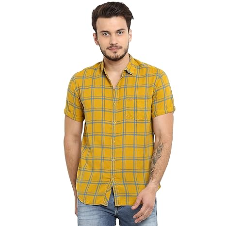mufti mustard yellow checked casual shirt