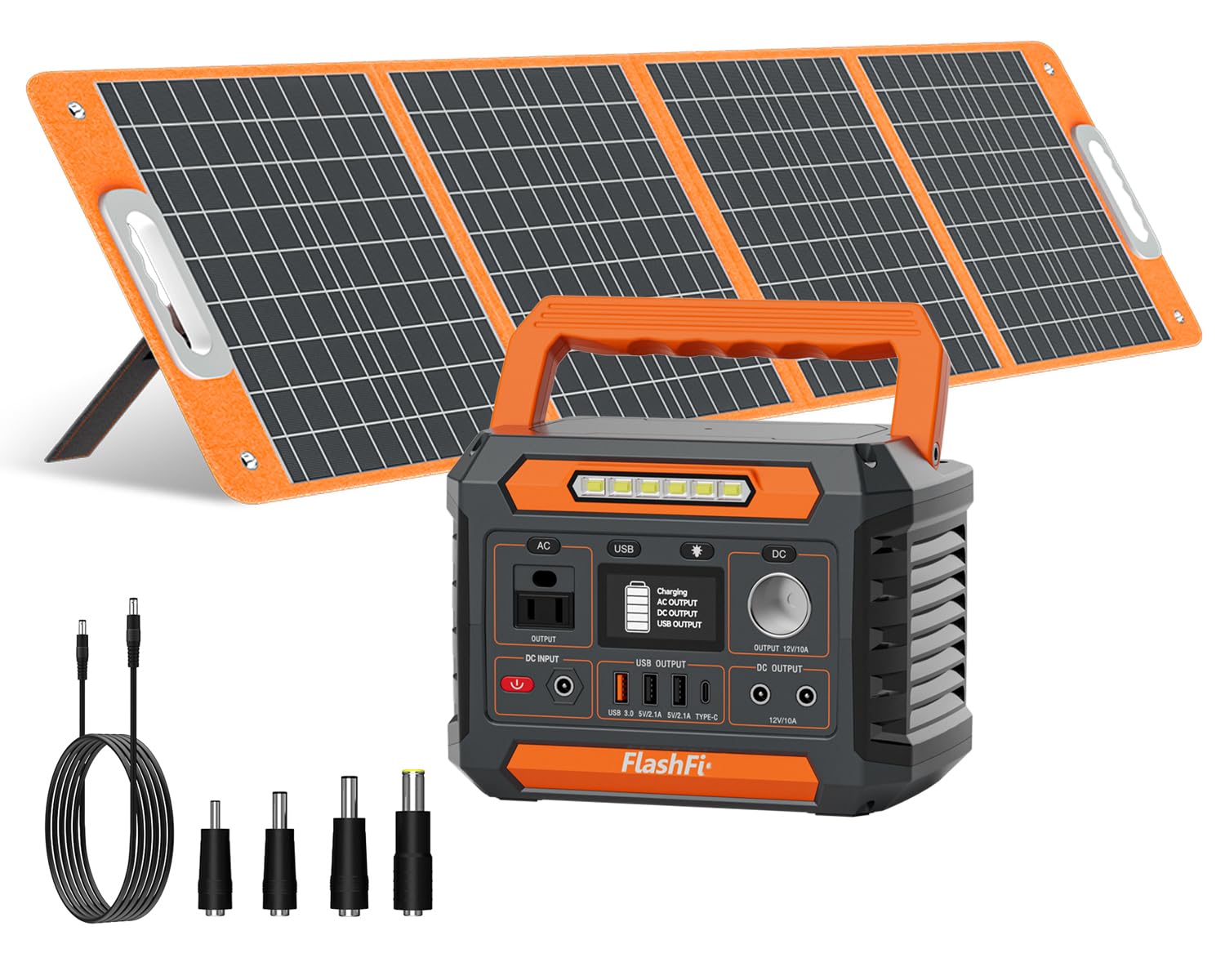 FF Flashfish 144,3Wh con Panel Solar 100W, Generador Solar 200W con AC/DC/USB/Tipo C/Luces LED, Batería de Respaldo para Camping, Viajes y Emergencias
