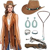 Huaerle 8 Pack Western Cowgirl Costume Set Western Outfits for Women Cowgirl Cowboy Hat Corset Belt Turquoise Jewelry Kit