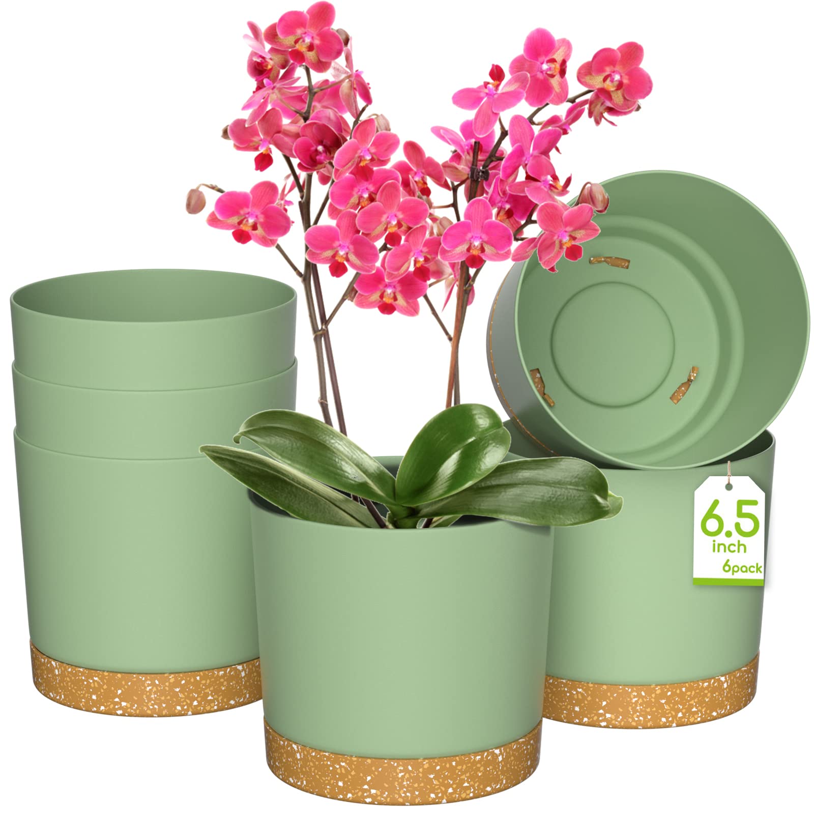 ZMTECH 16.5cm Plant Pots, Modern Planters with Drainage Holes and Detachable Saucer, Plastic Flower Pots for Plants for House Garden Windowsill (Set of 6, Green)