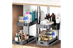 Fkprorjv Under Sink Organizers and Storage, 2 Pack Kitchen Bathroom Sink Organizer with Hooks, 2 Tier Under Sink Cabinet Basket Storage Shelf with Sliding Drawers, Black
