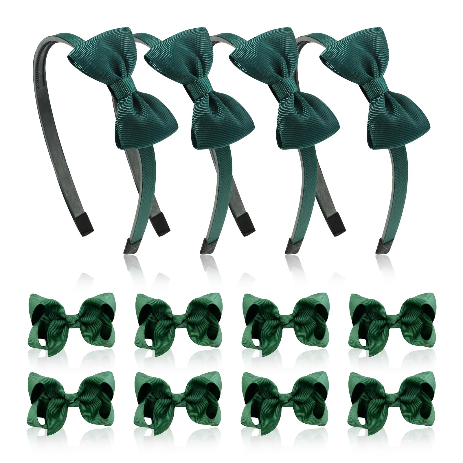 Green School Hair Accessories 4Pcs Green Hair Bands and 8Pcs Bows Hair Clips Uniform Color Girls Hair Accessories for School Party Styling Cheerleading