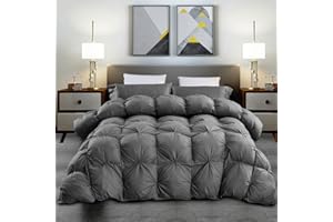 EGYPTIAN BEDDING Luxurious Full/Queen Goose Down Comforter, Unique Gray Pinch Pleat, 600 Thread Count, 100% Egyptian Cotton Cover, 70 Oz Fill Weight, 750 Fill Power