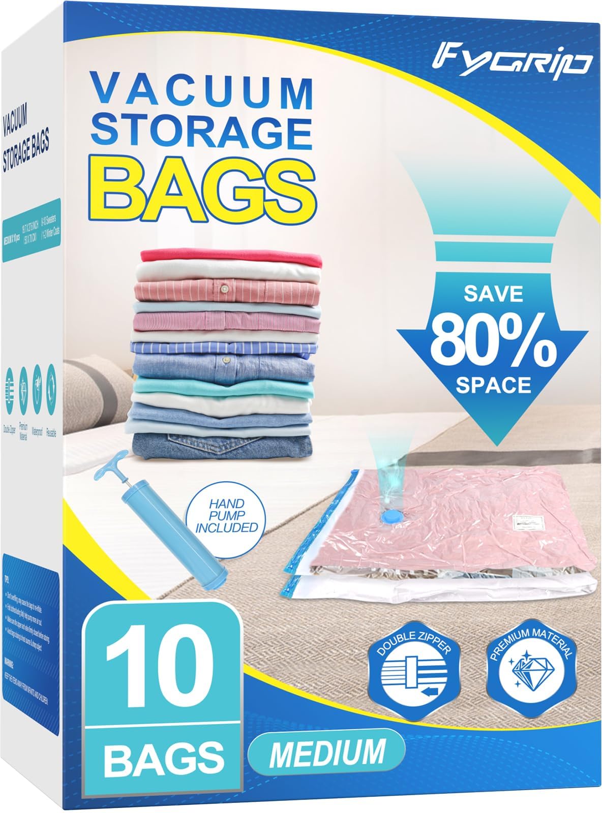 Photo 1 of Fygrip 10 Pack Medium Vacuum Storage Bags with Hand Pump, Plastic Packaging Bags, 80% Space Saver Vacuum Seal Bags for Clothing, Travel Lugggage, Blankets, Comforters