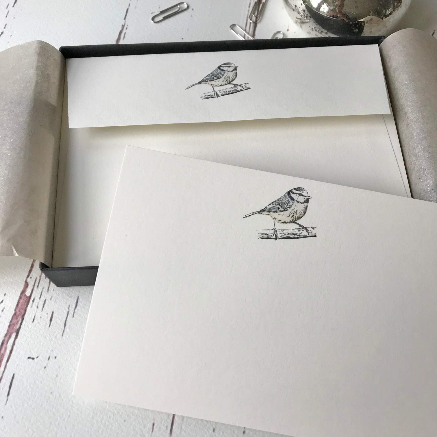 Wagtail Designs Notelets with a Blue Tit Illustration in a Lovely Black Box with Ribbon (Packet of 20 notelets and envelopes)