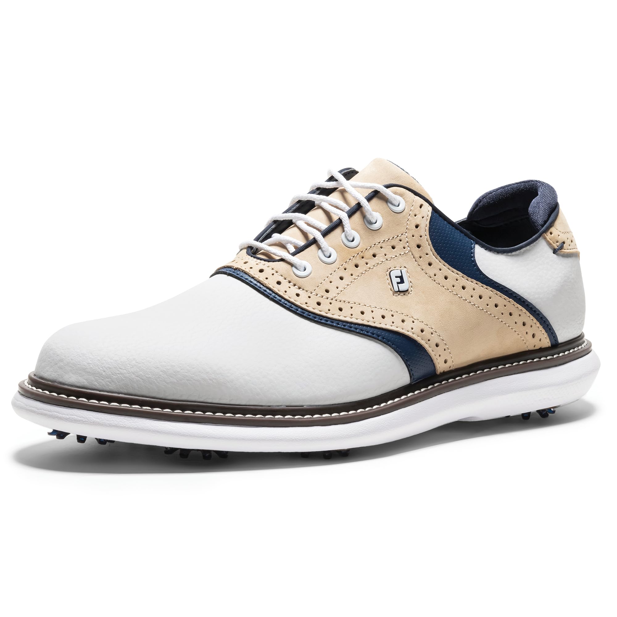 FootJoy Men's Traditions Golf Shoe, White/Khaki/Peacoat, 9.5 Image