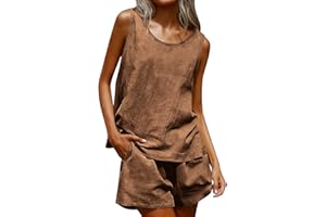 Women Two Piece Sets Cotton Linen Outfits Sleeveless Tank Top and Elastic Waist Shorts Lounge Set Summer Casual Tracksuit