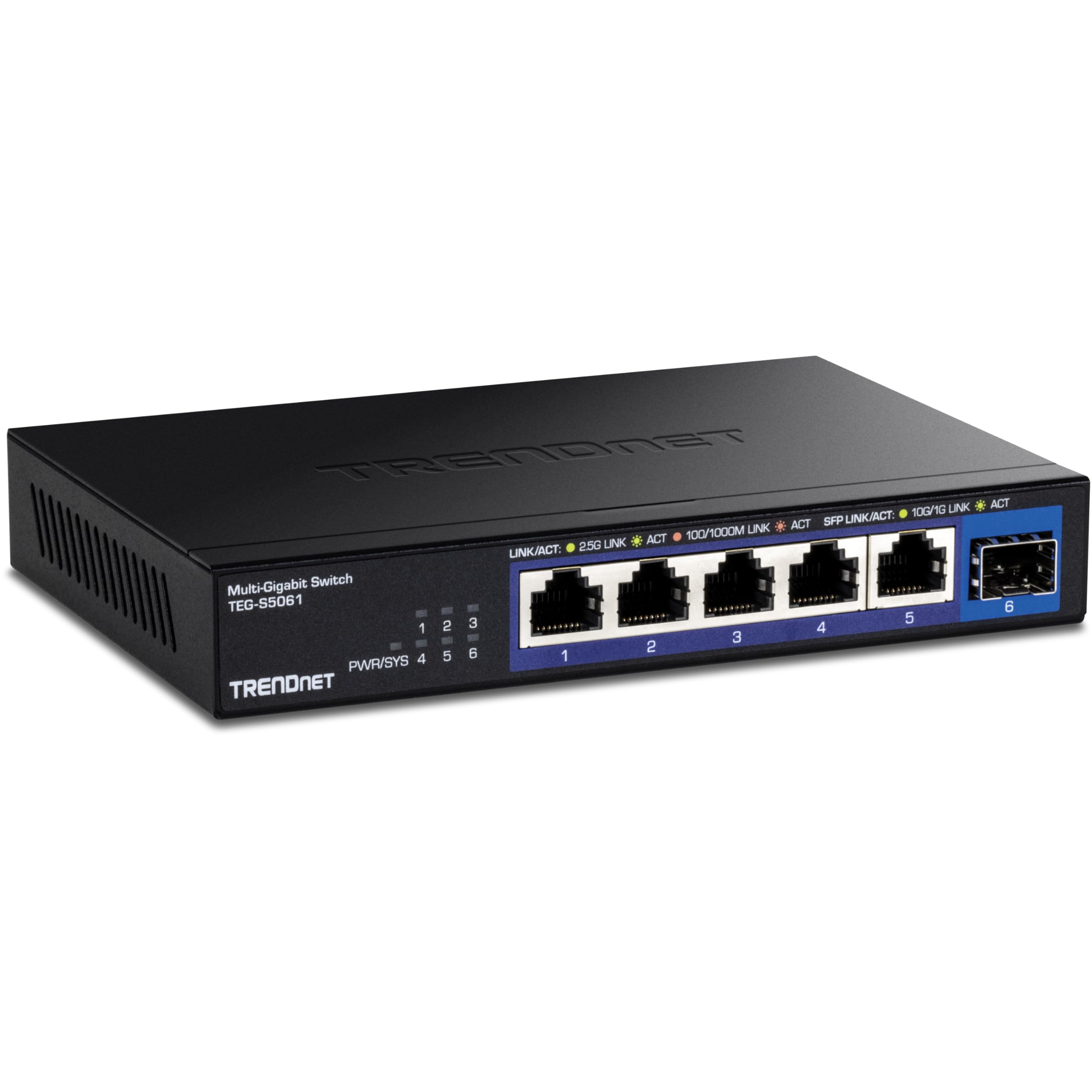 TRENDnet 6-Port Unmanaged 2.5G Switch with 10G SFP+Port, TEG-S5061, 5 x 2.5GBASE-T Ports, 45Gbps SwitchingCapacity, Fanless, Wall Mountable,Lifetime Protection,Black Image