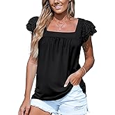 CUPSHE Women Tops Lace Sleeve Blouse Square Neck Flutter Sleeve Tee Shirt Casual Dressy