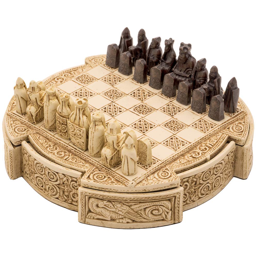 Compact Isle Of Lewis Celtic Chess Set - 8 Inch Chess Board and Miniature Pieces - Made In England