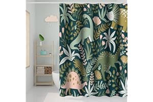 Umpoo Dino Themed Bathroom Shower Curtain - Tropical Rainforest Green Dinosaur Leaves Shower Curtain with Hooks, Waterproof Polyester Fabric, 72x84 Inch