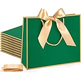 Silkfly Thank You Gift Bags with Handle 12x10x4'' Welcome Return Gifts Bag with Bow Ribbon for Wedding Bridesmaid Baby Shower Birthday Housewarming Employee Appreciation Day(Dark Green,12 Pcs)