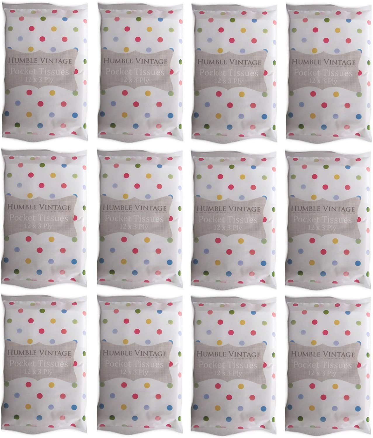Humble Vintage Spotty Polka Dot Design Outer Pocket Tissues 12 packs of 8 tissues Plain White